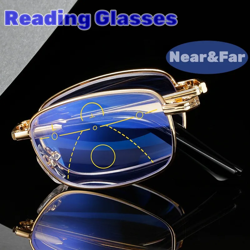 

Fashion Metal Frame Folding Reading Glasses Bifocal Presbyopia Glasses Eyewear Anti-Blue Light Diopter Glasses with Leather Box