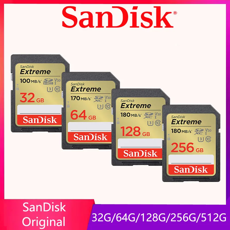 

SanDisk Memory Card Extreme SD Card 4K UHD 32GB 64GB 128GB 256GB 512GB SDHC SDXC C10 U3 V30 up to 180M/s For 3D Full HD Camera