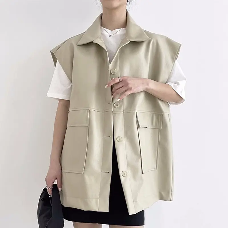 

Женский однобортный жилет с отложным воротником, Свободный Повседневный Универсальный кожаный жилет с большими карманами, модель Z1063 в Корейском стиле на лето, 2023