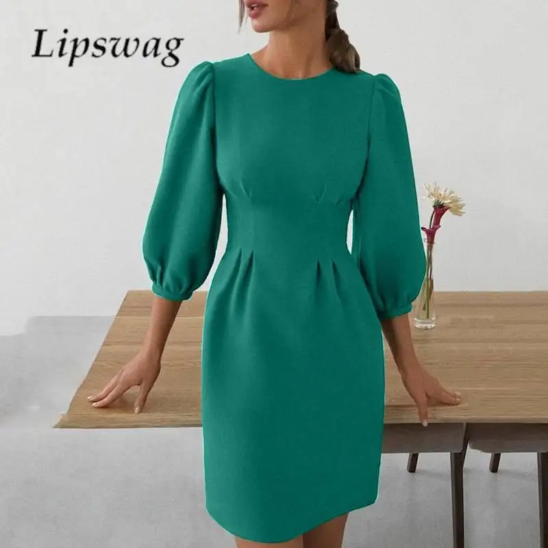 

Женское платье на молнии сзади, Осеннее плиссированное платье миди с круглым вырезом и рукавом до локтя, элегантное однотонное женское офисное платье