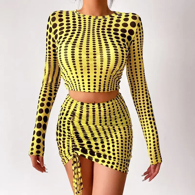 2024 женский новый сетчатый полупрозрачный топ с длинными рукавами юбка-футляр