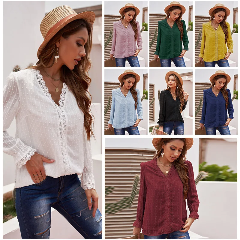 

V-neck Lace Semi-transparent Shirt Lace Shirt Women Loose Pullover Shirt V-Neck Straight Light Shirt OL Gentle Classic Pullover