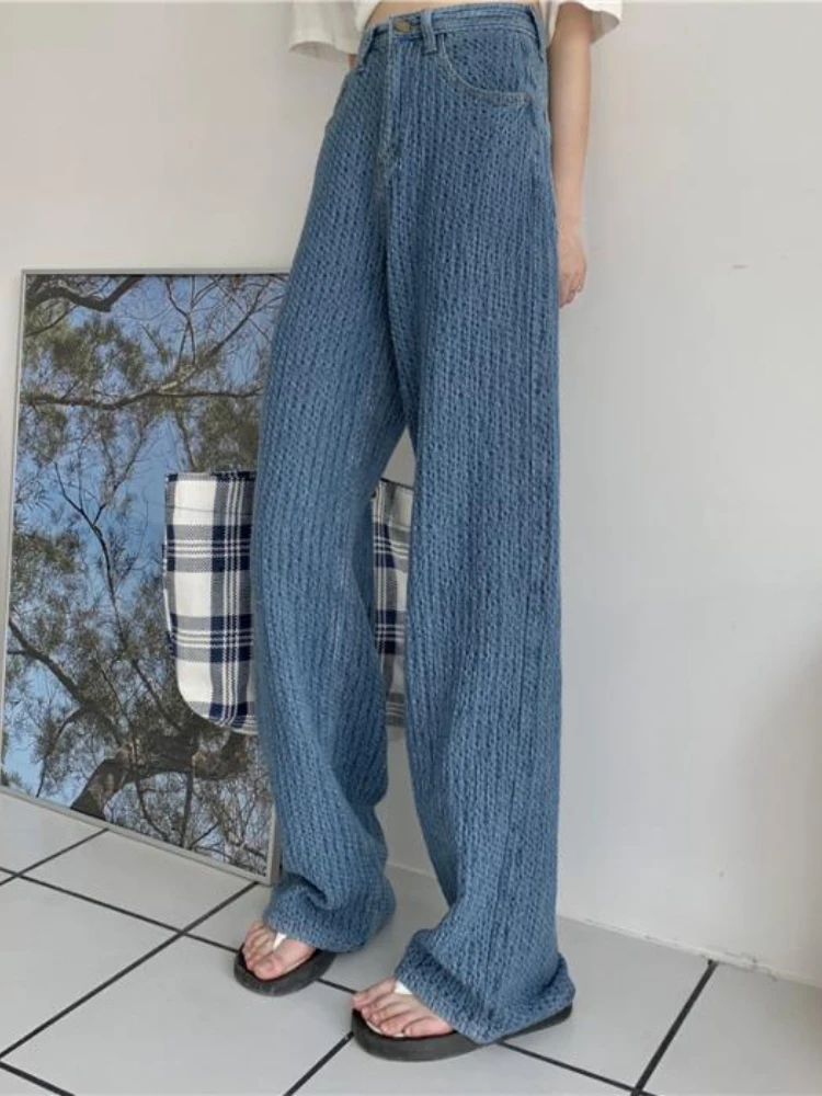 

2022 Casual Pants Mopping Denim Blue Women Loose Wide-leg Trousers High Waist Korean Summer Blue New Trendy Pants Female Bottoms