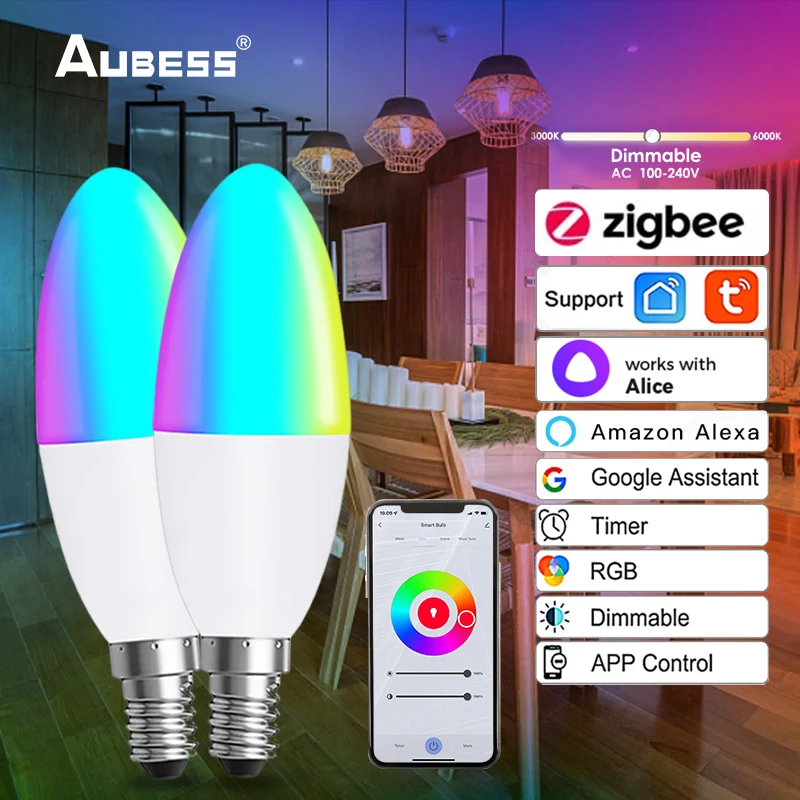 

TUYA Zigbee Smart LED Light Bulb E14 RGB+CCT 100-240V 5W Dimmable Voice APP Control Works With Alexa Google Home Yandex Alice