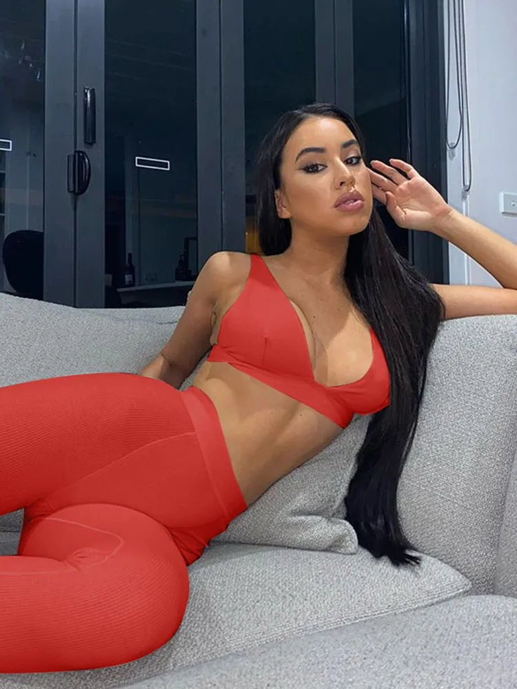 Женский комплект из двух частей в рубчик бюстгальтер и леггинсы укороченный топ