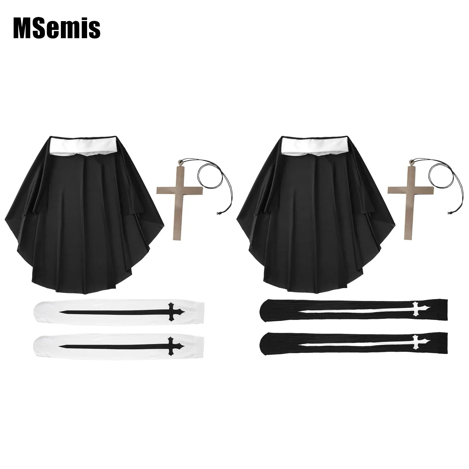 

Halloween Nun Cosplay Costume Church Nun Hat Cross Necklace with Silk Socks Sets for Fancy Carnival Party Rolepaly Accessories