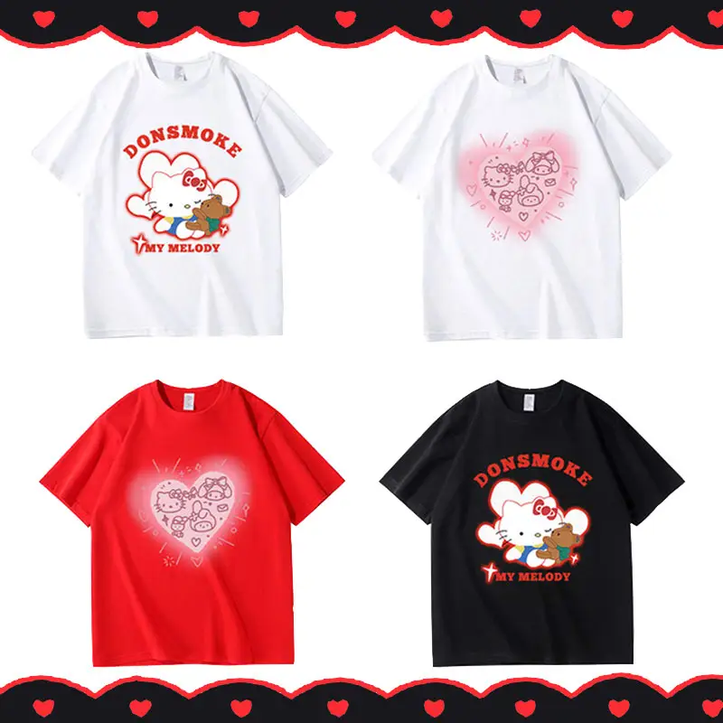 Kawaii Summer Fashion T-Shirt Cartoon Anime Sanrio Hellokitty Kt Cat Girl Short Sleeve Casual Versatile Top Clothing Gift