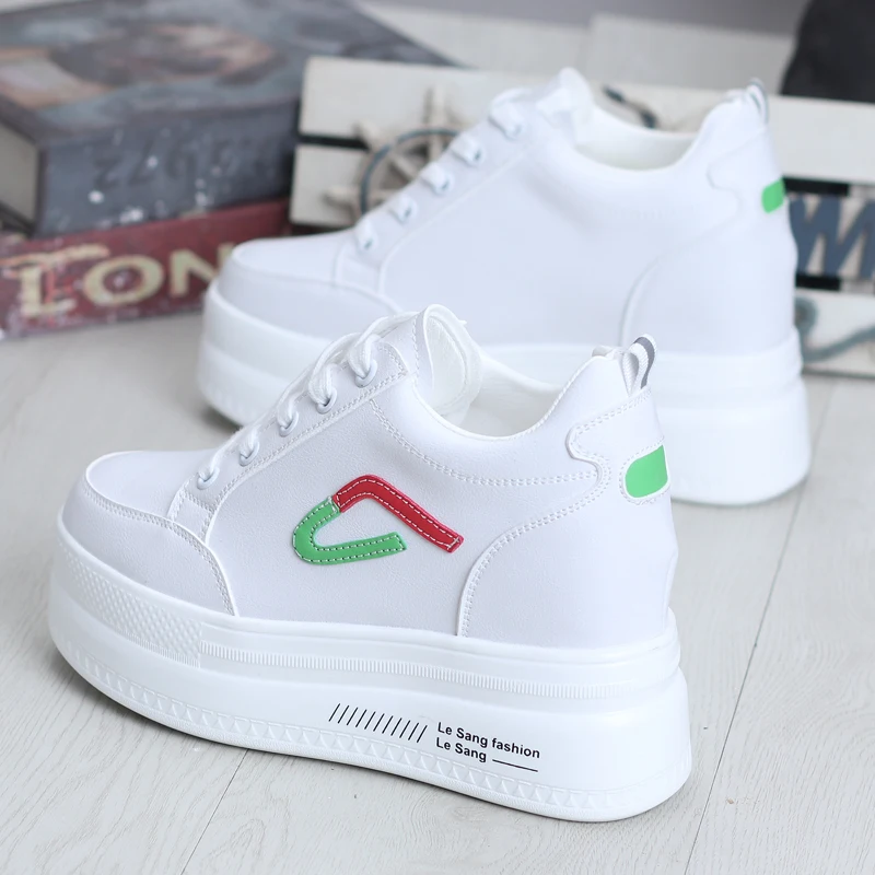 YeddaMavis White Women's Vulcanize Shoes Hidden Wedge 10CM Casual Shoes Wedge Platform Shoes Woman Women's Shoes Women Sneakers