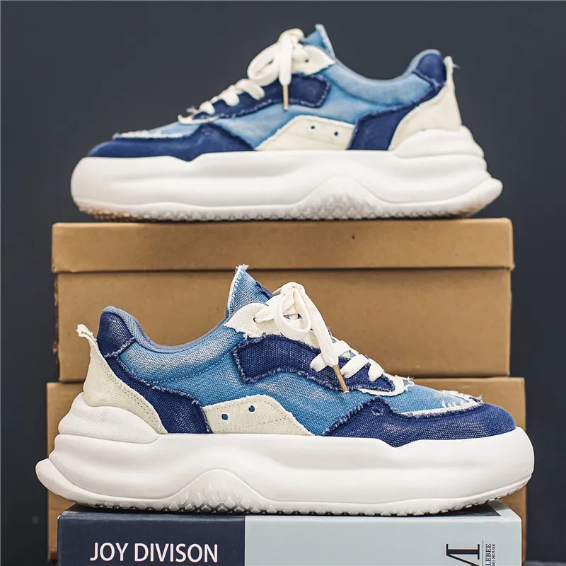 

British Luxury Mens Blue Leisure Shoes Younger Designer Lace Up Breathable Canvas Platform Flats For Male Daily Zapatos ERRFC
