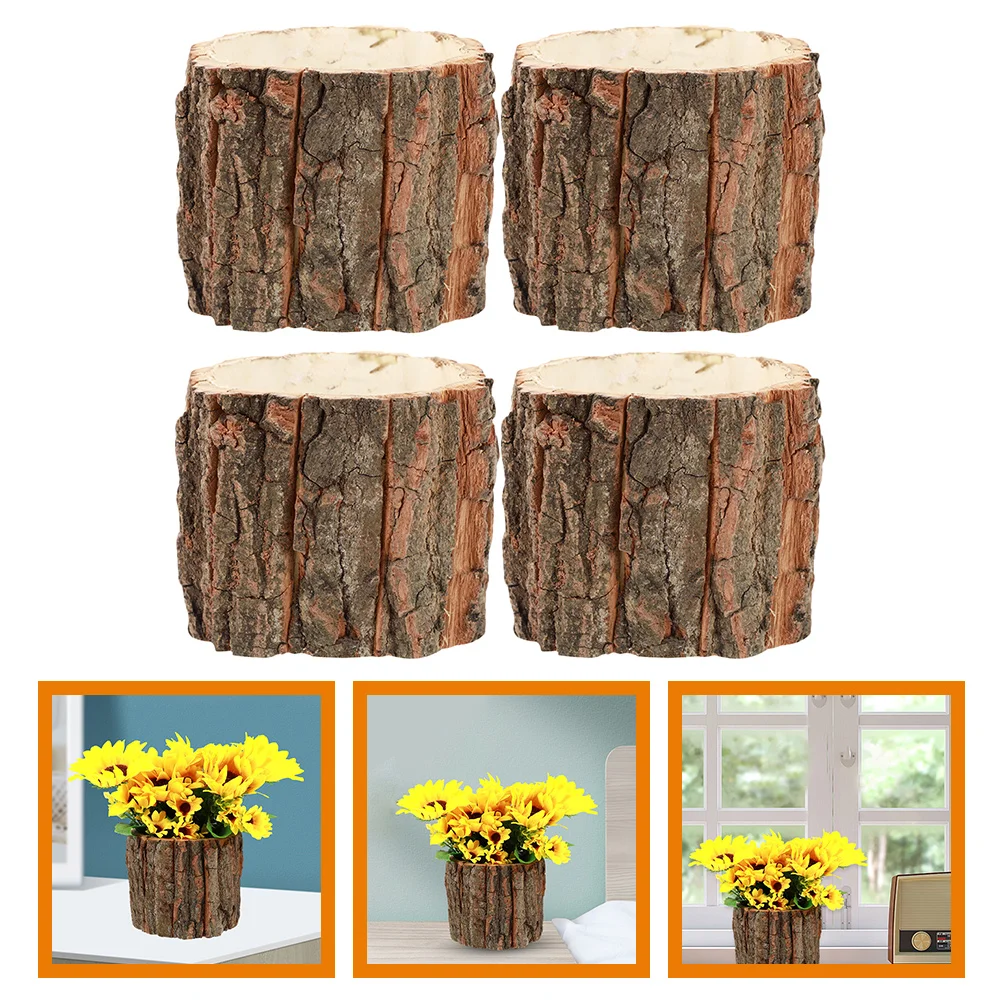 

4Pcs Wood Flower Container Bark Flower Pot Small Wooden Bucket Barrel Planters