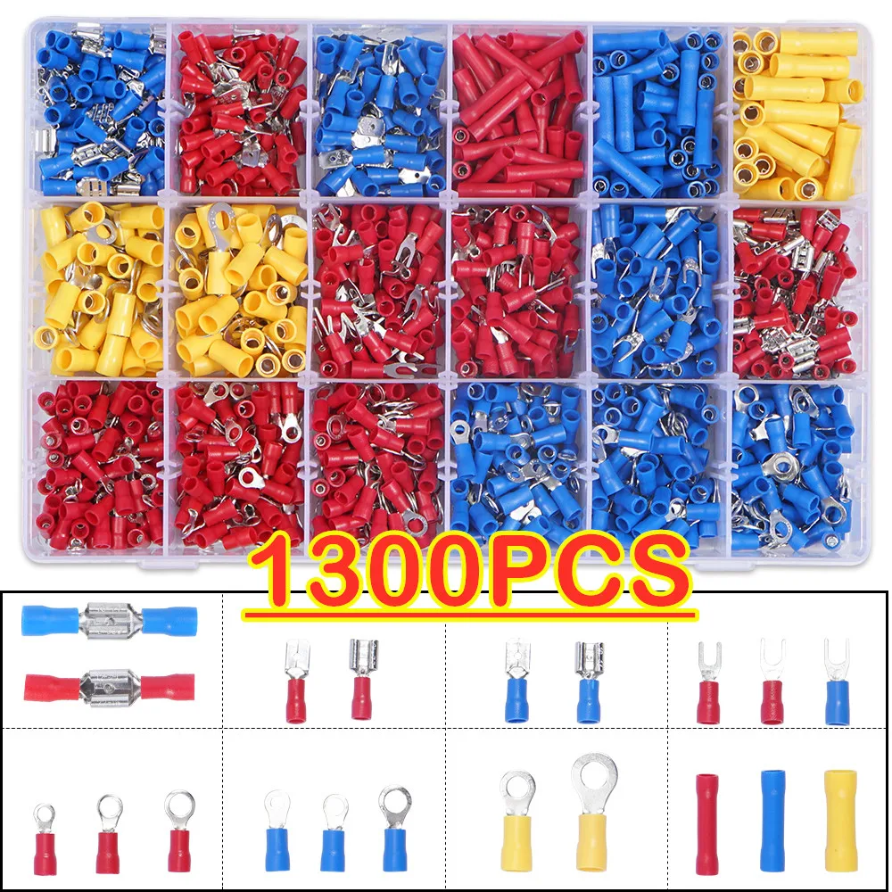 

1300/480/140Pcs Assorted Spade Terminals Insulated Cable Connector Electrical Wire Crimp Butt Ring Fork Set Ring Lugs Rolled Kit