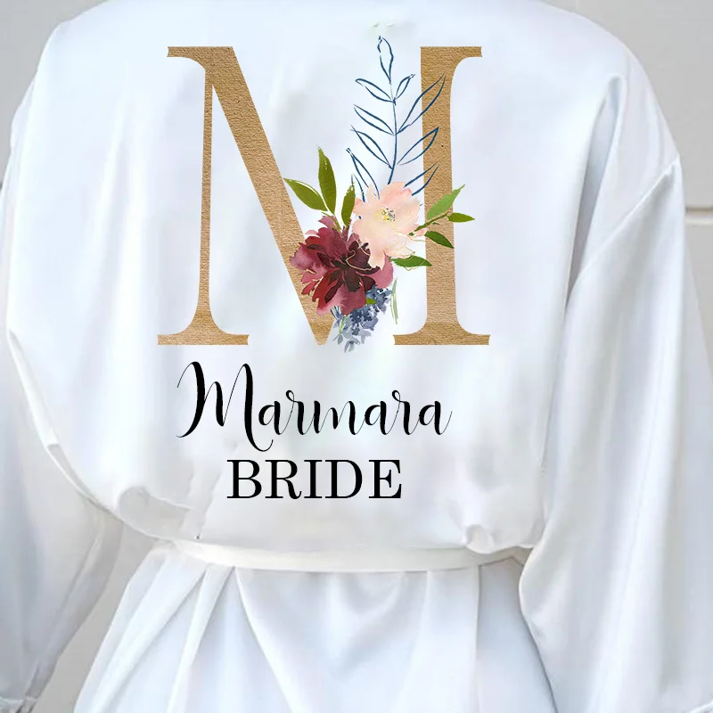 Women Satin Sleepwear bathrobe Kimono Robe  Flower Print  Wedding Party Bride  Bridesmaid Robes gift