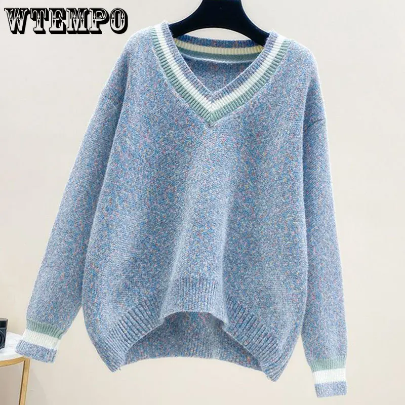 

WTEMPO Color Blocking V-neck Sweater Women's Loose Korean Knitwear Winter Imitation Mink Cashmere Chenille Pullover Wholesale