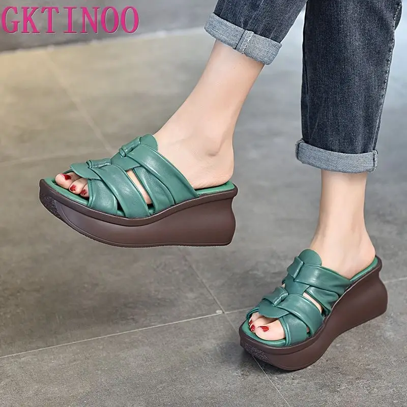 

GKTINOO 2023 Summer Slippers Genuine Leather Shoes Handmade Slides Flip Flop On The Platform Clogs For Women Woman Slipper