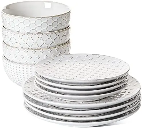 

Sets 12 Piece, Ceramic Plates and Bowls Set, House Warming Wedding Gift, Serve for 4 (10" Dinner Plates + 8" Salad Dish