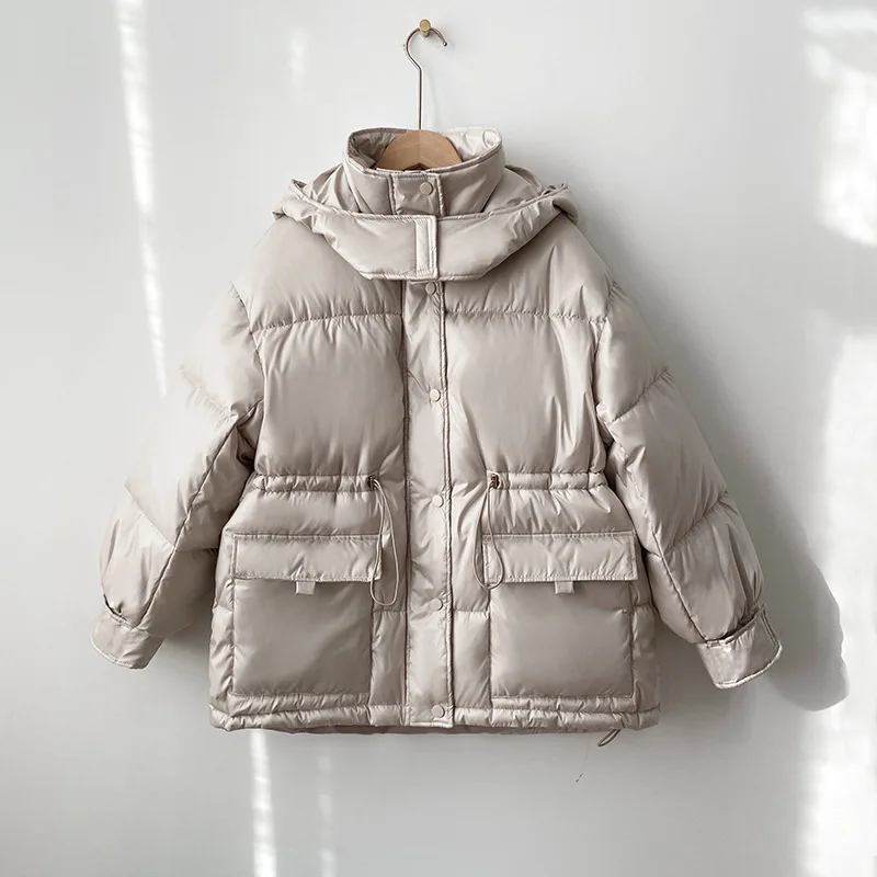 2022 Winter New Down Cotton Coat Loose Pocket Long Sleeve Warm Women Parkas Drawstring Waist Hooded Thicken Windproof Jacket Top