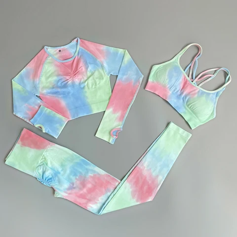 Женская спортивная одежда Tie Dyeing, комплект для йоги, одежда для тренировок, одежда для спортзала, одежда для фитнеса, леггинсы, Укороченный бюстгальтер с длинным рукавом, комплект для спортзала