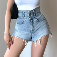 womens slim high waist sexy hole burrs mini denim shorts 2021 korean summer solid color tassel shorts female casual streetwear