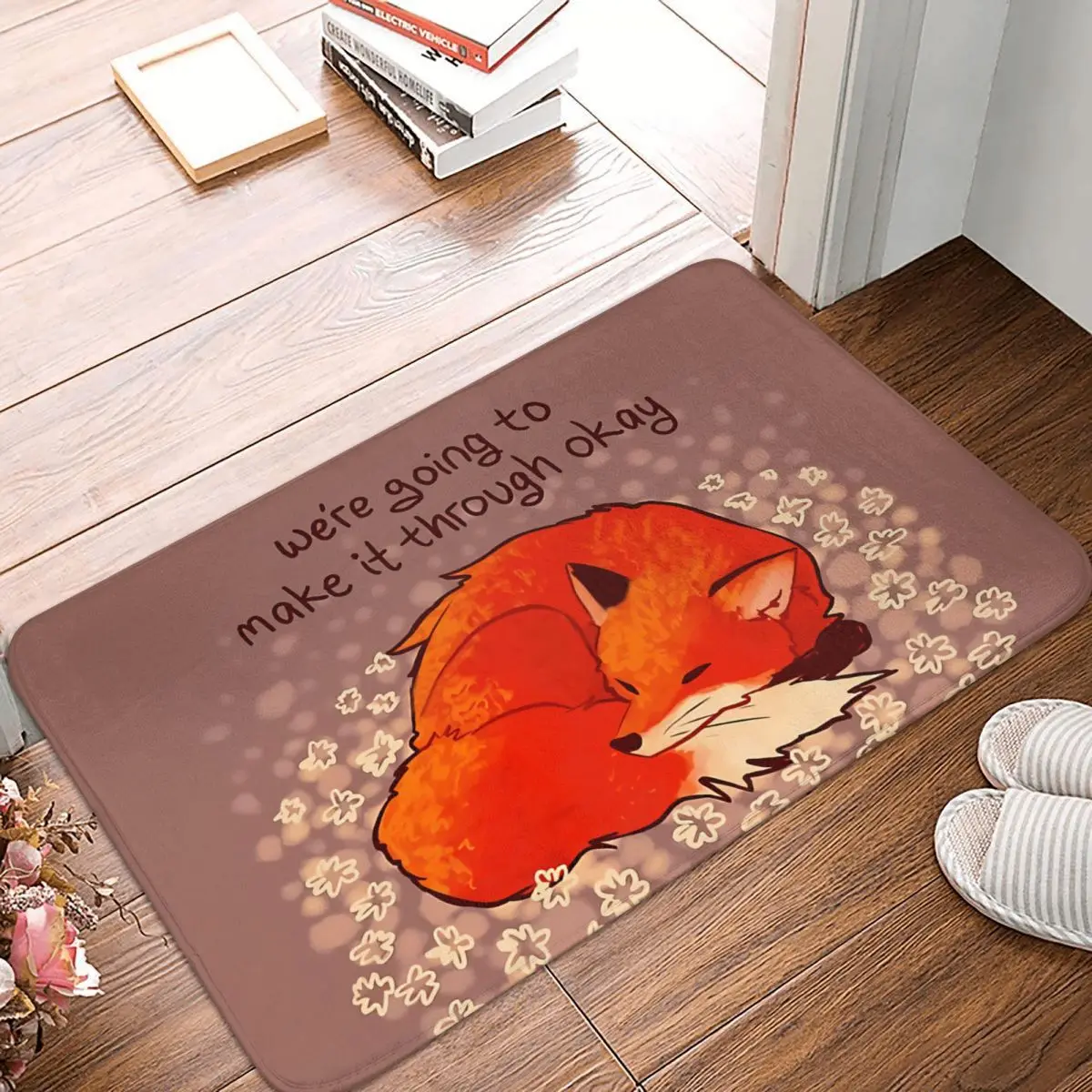 Kitchen Non-Slip Carpet Make It Through Okay Sleeping Flower Fox Flannel Mat Welcome Doormat Floor Decoration Rug