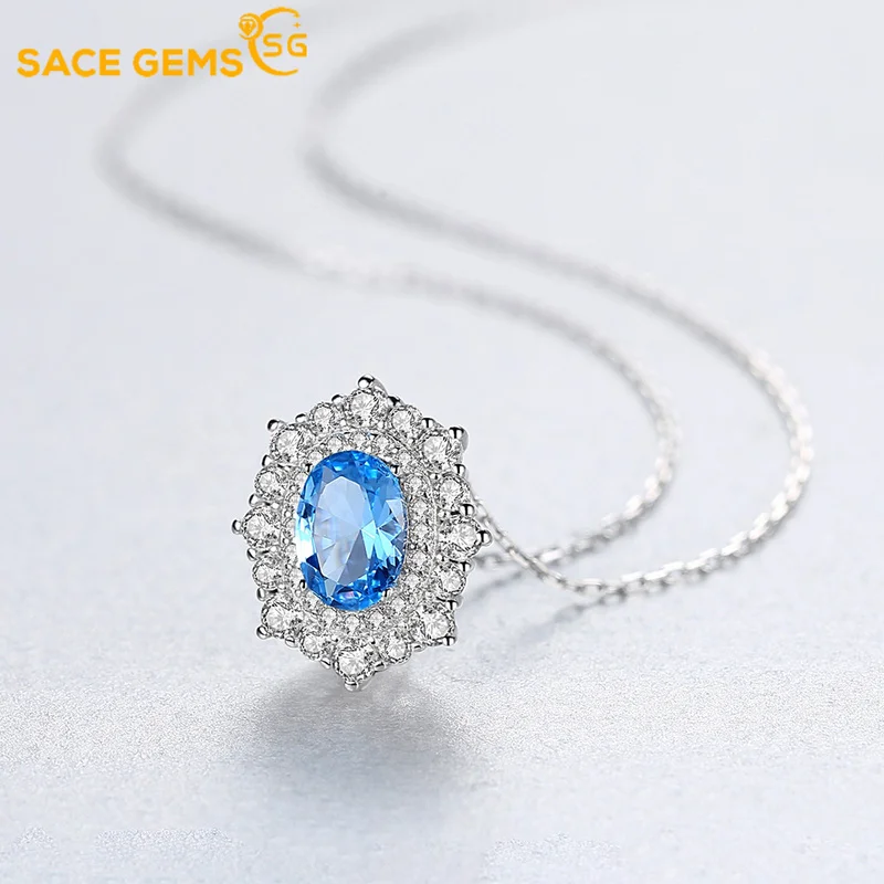 

SACE GEMS 100%925 Sterling Silver Sparkling Blue Zircon Pendant Wedding Engagement Party Jewelry for Women Valentine Day Present