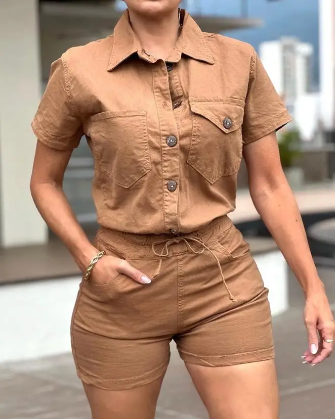 

2023 Summer New Solid Women's Two-Piece Fashion Shirt Top Buttoned Cargo T-Shirt Drawstring Shorts Set