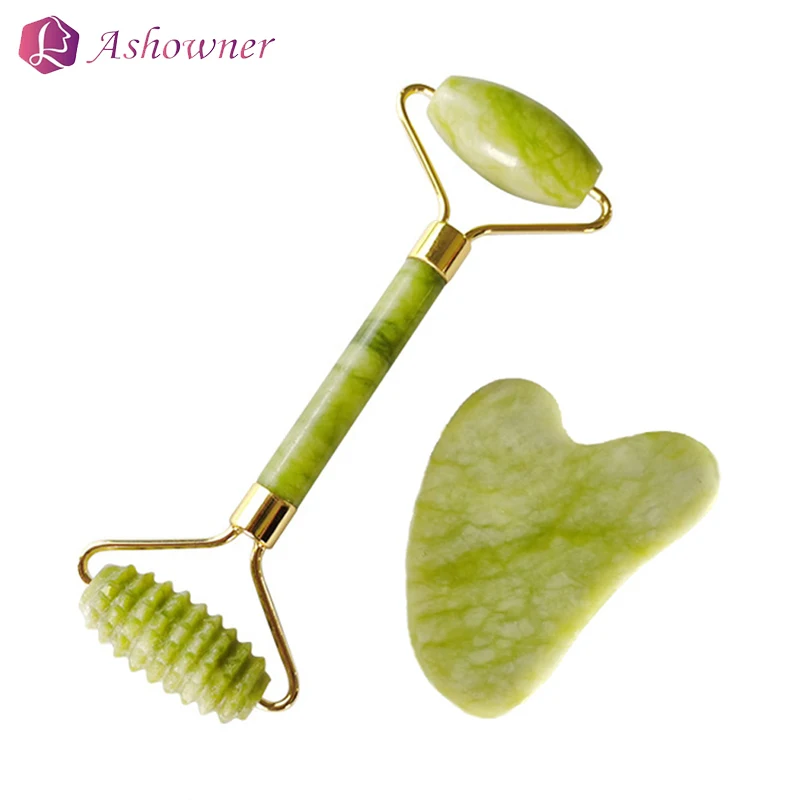 

Массажер для лица с двумя головками, Нефритовый скребок для гуаша, роликовый Массажный Аппарат Для гуаша, ролик с микронидалами, расслаблен...