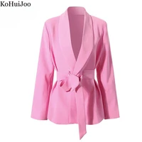 kohuijoo pink blazer women 2022 spring long sleeve ladies tops fashion design lace up slim formal blazer with belt suit jacket