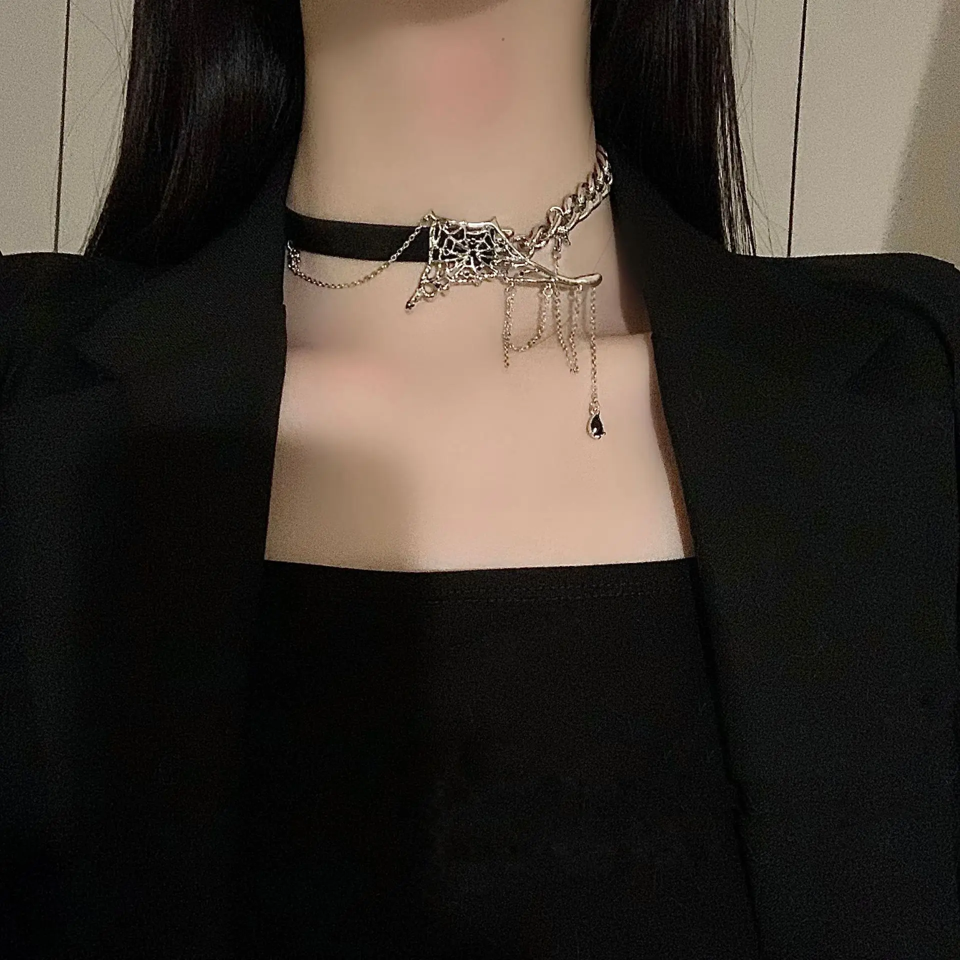 Goth Stainless Steel Spider Web Choker Necklace for Women Punk Link Chain Alloy Zircon Rivet Opal Stone Necklace Fashion Jewelry