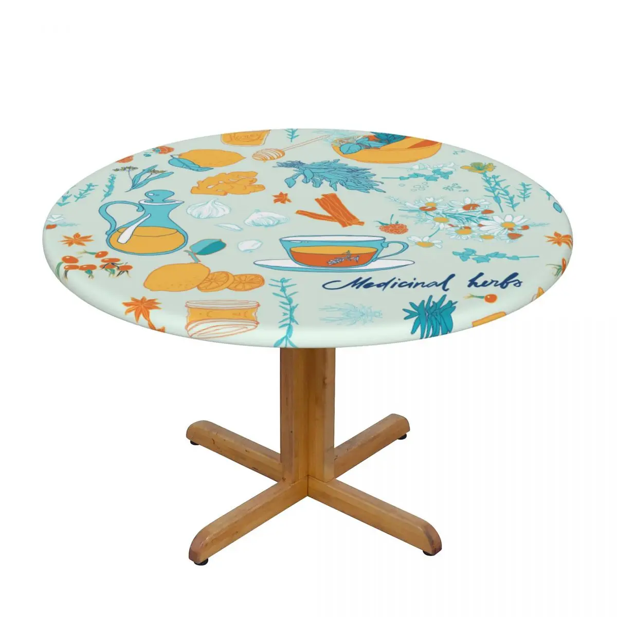 

Herbs Treat Colds Waterproof Polyester Round Tablecloth Catering Fitted Table Cover with Elastic Edged