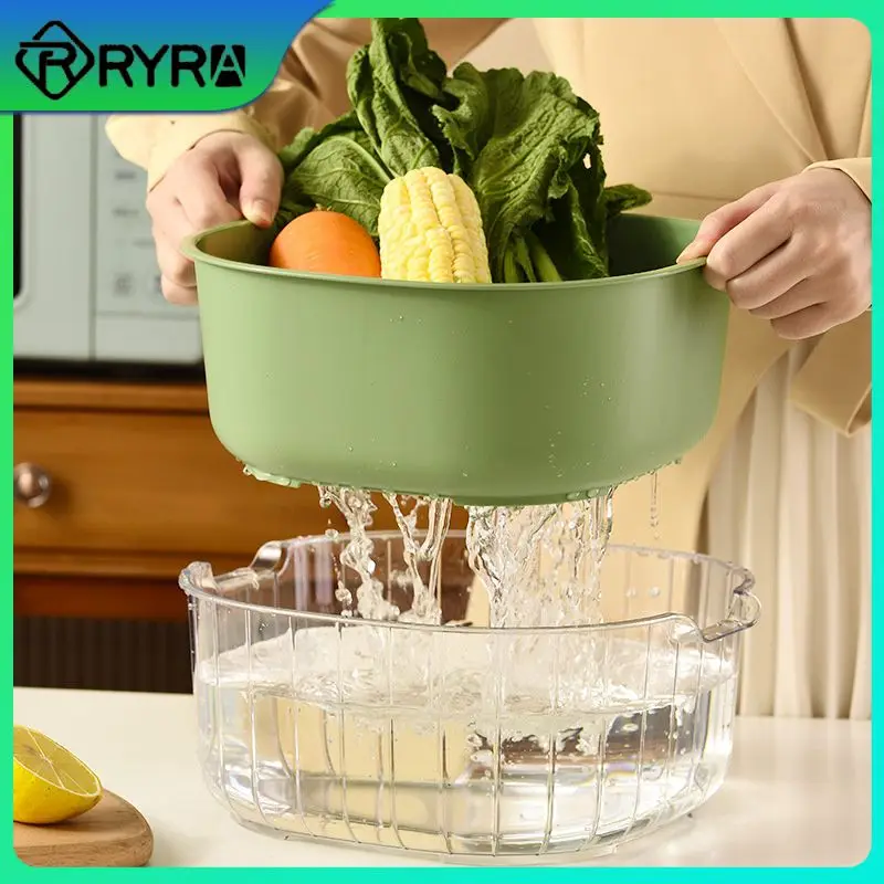 

Vegetable Washing Basin Binaural Handle Square Draining Basket Transparent Double-layer Pet Basket Kitchen Supplies Plastic