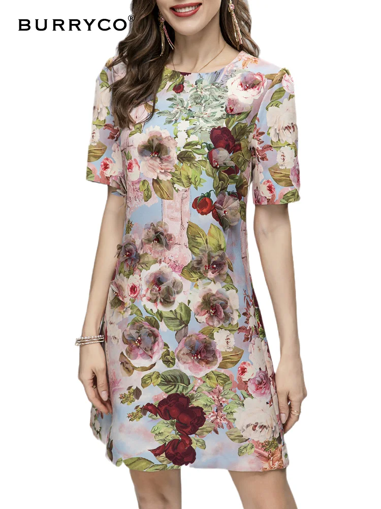 BURRYCO Women's New 2023 Summer Luxury 3D Flower Round Neck Short Sleeve Beaded Dress