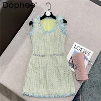 summer chic dress for women 2022 new sweet lady fringe mixed pattern woven tweed sleeveless dresses ladies outfits