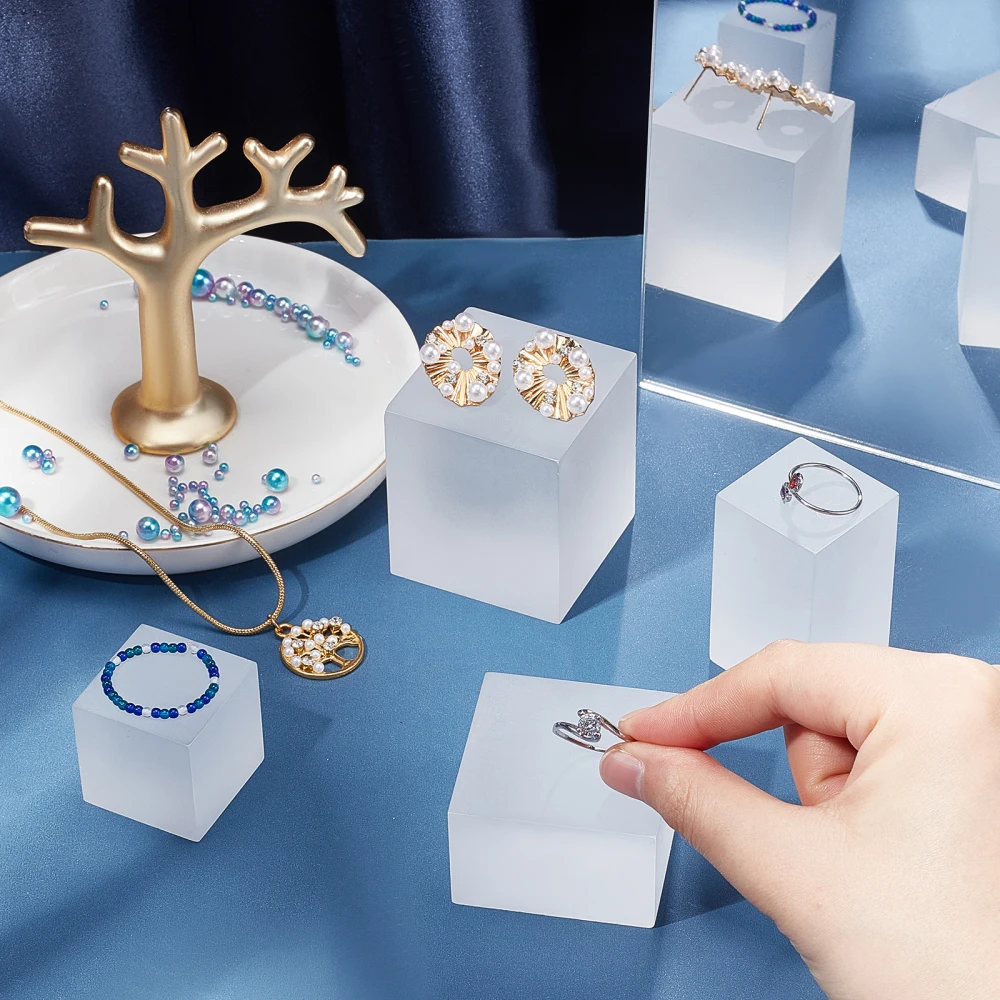 4Pcs Mixed Sizes Frosted Acrylic Cube Display Stands for Jewelry Presentation Ornaments Holder Organizer Rack Cosmetic Stand Pad