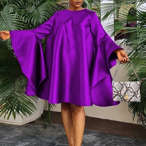 Women Loose Shirt Purple Dress Shiny Glitter Casual Big Flare Sleeve O Neck Dresses Oversized Female in Pakistan