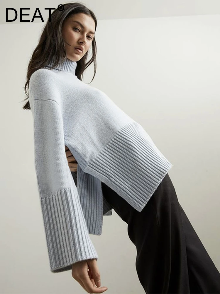 

DEAT Fashion Women's Knitted Pullover Loose Turleneck Full Sleeve Side Jag Solid Color Wool Sweater Autumn 2023 New Tide 17A9780