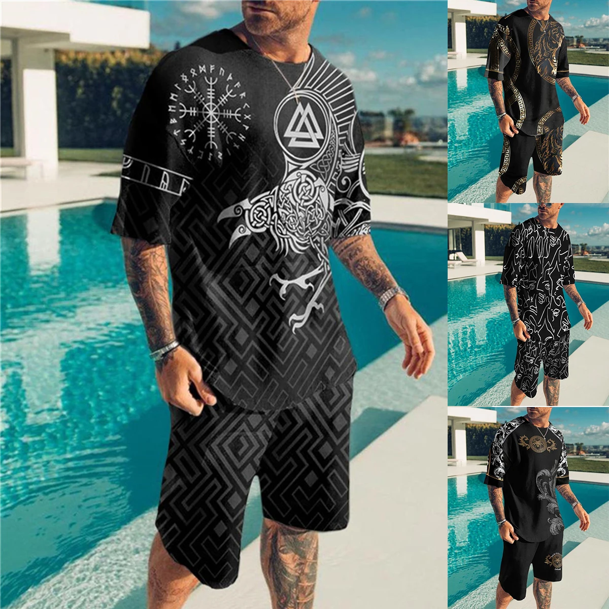 

Мужской короткий костюм, мужская повседневная футболка с коротким рукавом, летний спортивный костюм, новинка 2022, модные мужские креативные ...