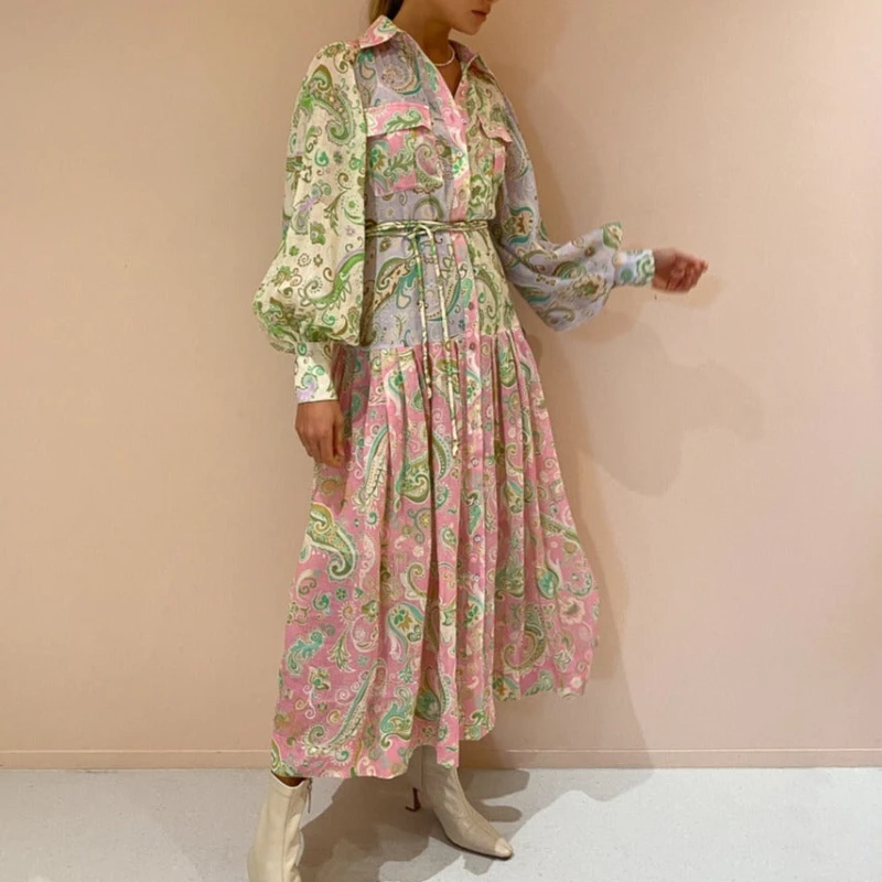 

Разноцветное платье-миди с принтом пейсли, весна-лето 2022, модная свободная одежда в праздничном стиле с рукавами-фонариками