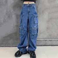 weiyao high waist blue pockets long casual denim wide leg jeans new loose women trousers fashion tide spring autumn 2022