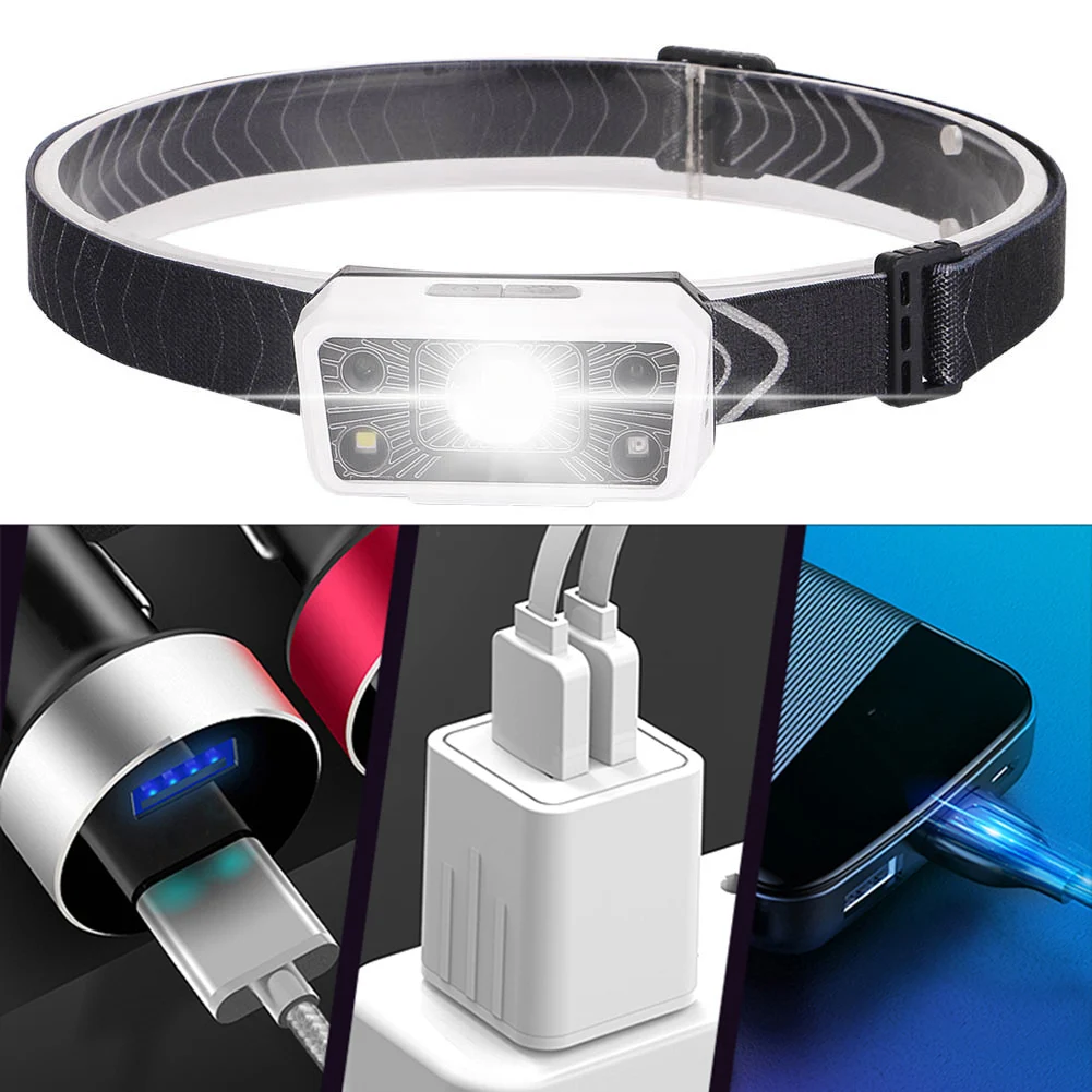 

Светодиодный налобный фонарь с датчиком и встроенным аккумулятором, водонепроницаемый Головной фонарь с зарядкой от USB для кемпинга и бега