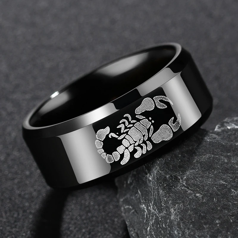 

8mm Punk Stainless Steel Engrave Scorpion Male Ring Polished Rock Black Smooth Rings Titanium Wedding Band