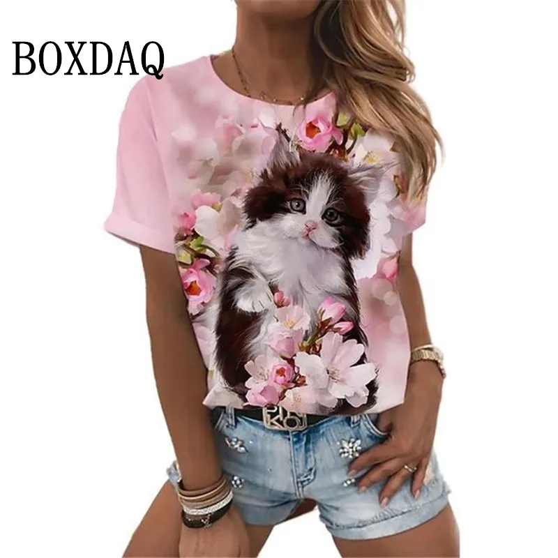 

Classic Cute Animal Cat Pink T-Shirt Women Summer Casual Short Sleeve O-Neck 3D Digital Cartoon Print Tops Shirt Female Clothing