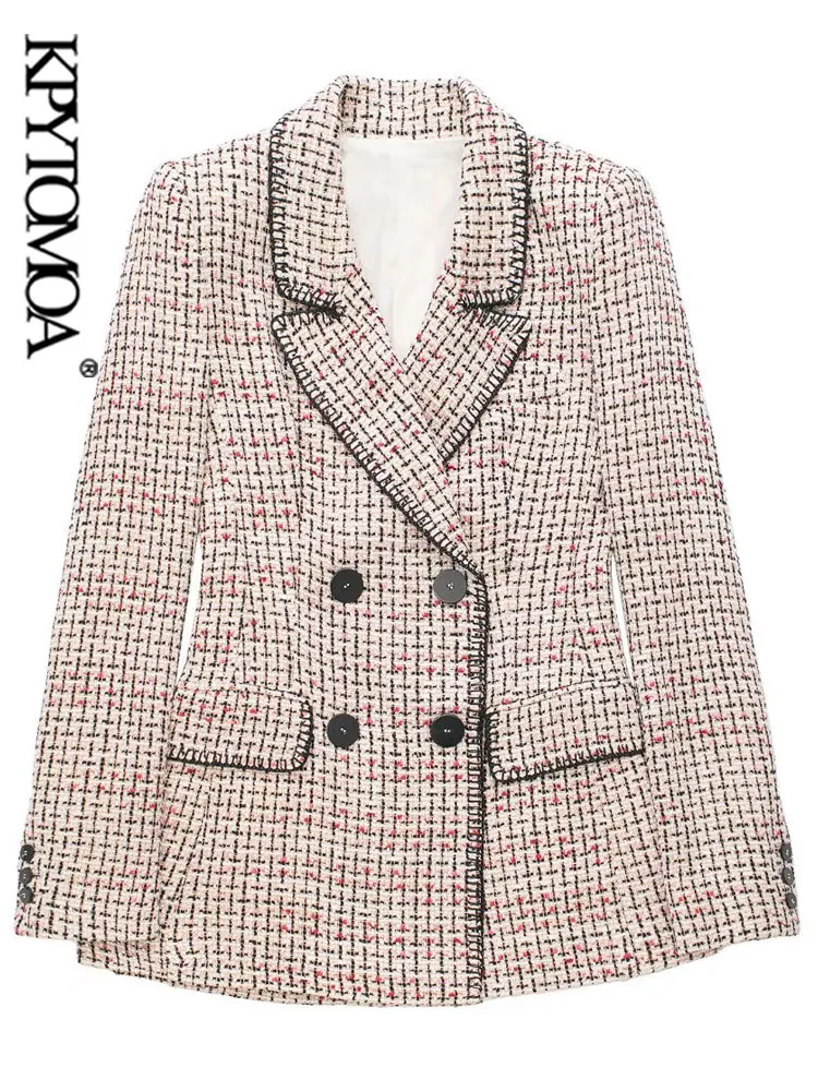 

KPYTOMOA Women Fashion Tweed Double Breasted Blazers Coat Vintage Long Sleeve Flap Pockets Female Outerwear Chic Veste Femme