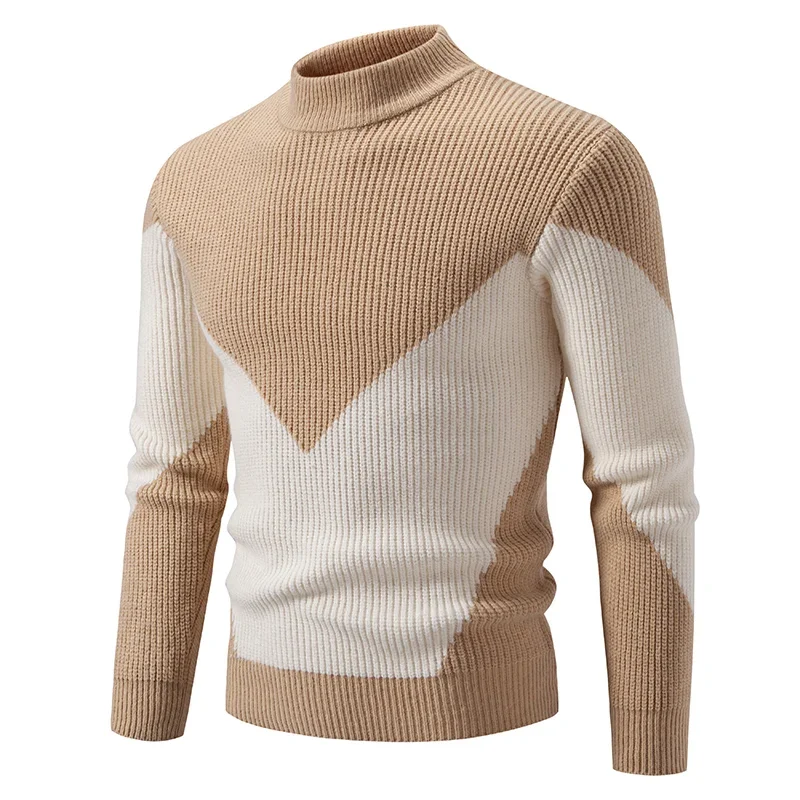 2024 High Quality Men's New Autumn and Winter Casual Warm Color Block Sweater Knit Tops