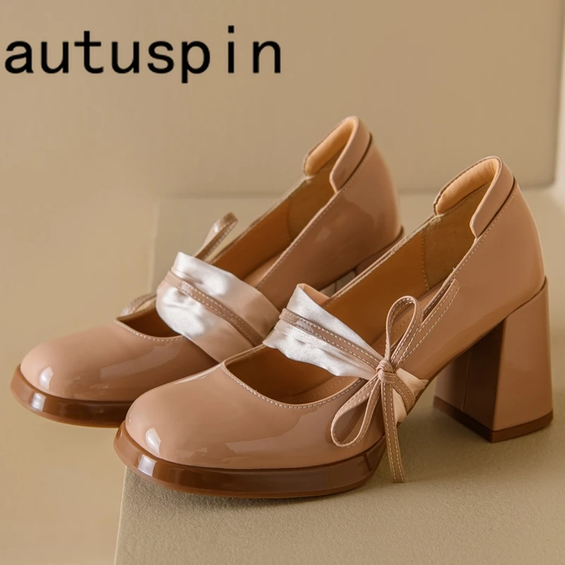 

Autuspin 5cm Women Block Heels New Arrival Patent Leather Ladies Sweet Bowtie Mary Janes Shoes Lolita Style Students Pumps 2023