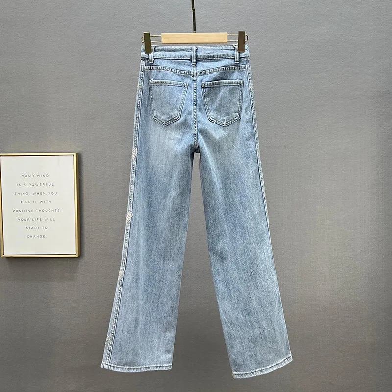 Women's Wide-Leg Jeans 2022 New Spring High Waist Loose Hot Rhinestone Mop Pants Office Lady Denim Trousers Girls Jean Pants