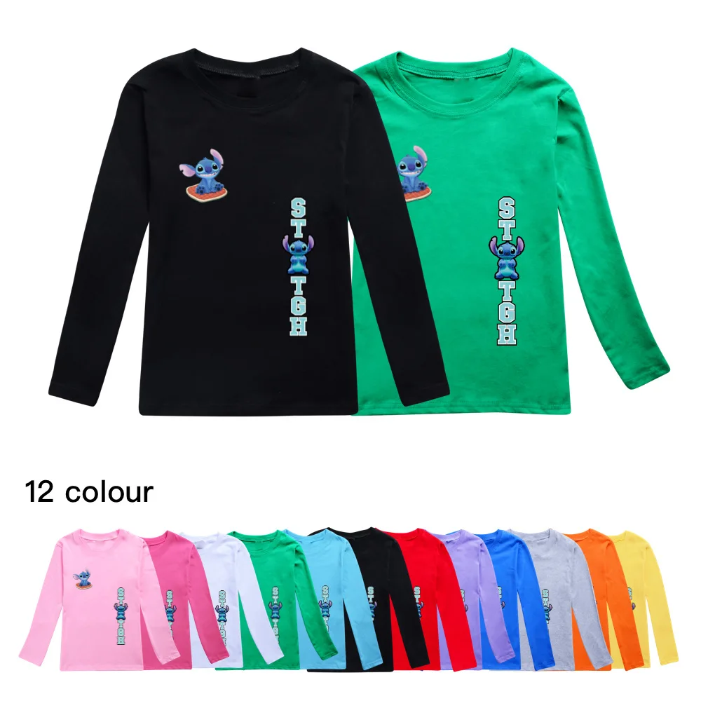 

2022 New Stitch Cartoon Printing Cotton Children's Spring and Autumn Boys and Girls Clothing Long-Sleeved T-Shirt 2-16Y