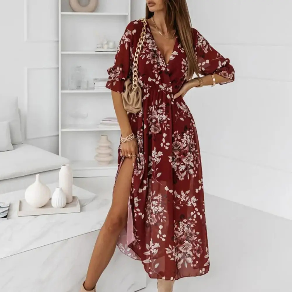 

Женское шифоновое платье-миди с цветочным принтом, V-образным вырезом и рукавом до локтя