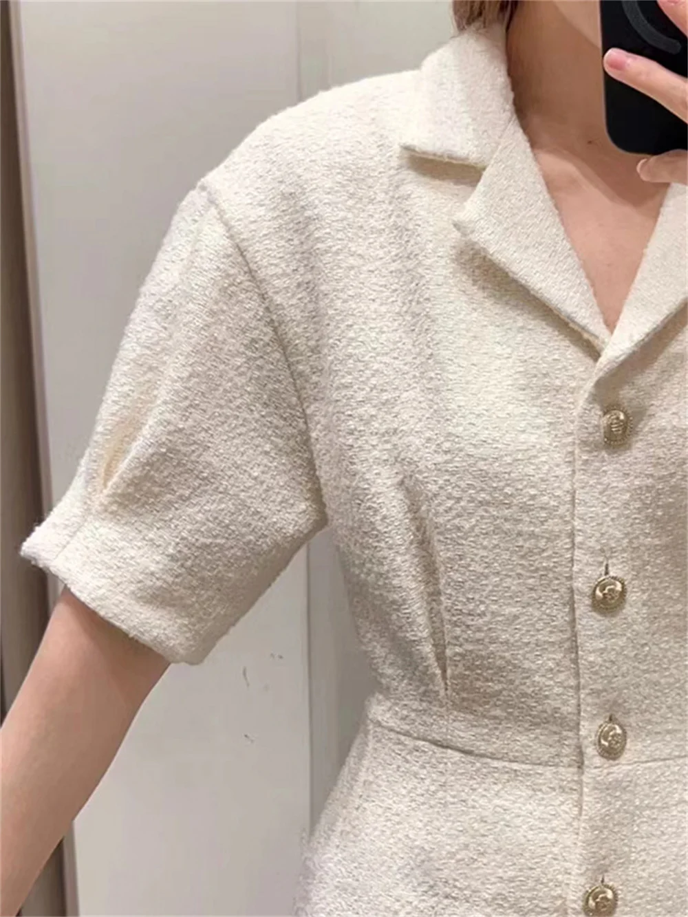 Women Tweed Notched Collar Solid Color Dress 2023 Summer New Ladies All-Match Short Sleeve Single Breasted Slim A-Line Mini Robe