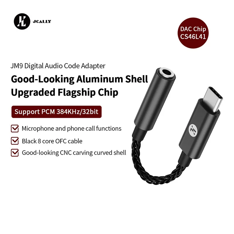 

JCALLY JM9 Type-C To 3.5mm Adapter Cable DAC Chip CS46L41 For Android Hi-res Earphone Adapter Support PCM 384KHz/32bit and Calls