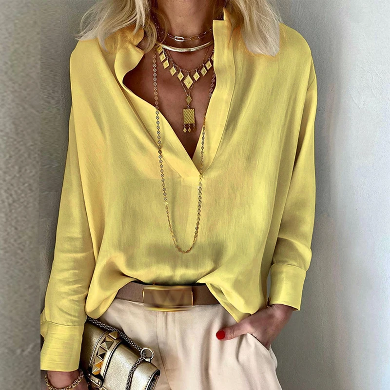 

Autumn Fashion Simple Loose Tee Shirts Women Sexy V-neck Long Sleeve Party Blouse Spring Office Elegant Cotton Linen Solid Tops